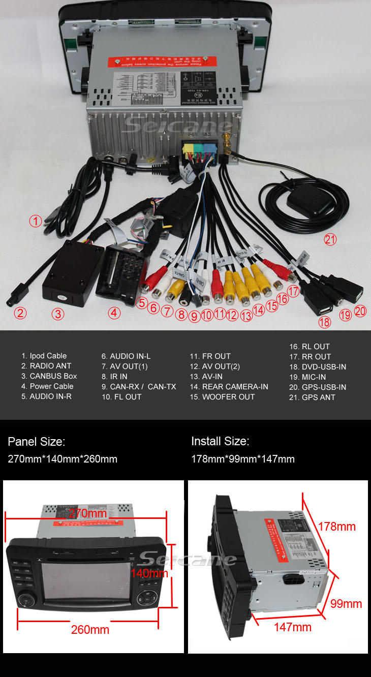 Mercedes-Benz GL Class X164 GL300 GL350 GL420 GL450 GL500 dvd player size and cable connections