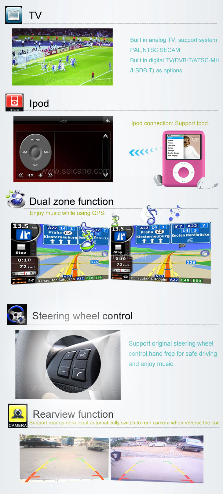 dvd player with tv Ipod steering wheel rearview camera